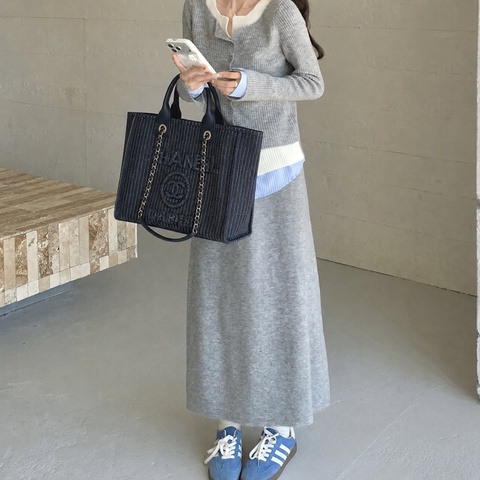 Chanel 香奈兒 深藍色 帆布 Deauville 沙灘包 托特包 手提包 肩背包 淡金鍊 AS3351