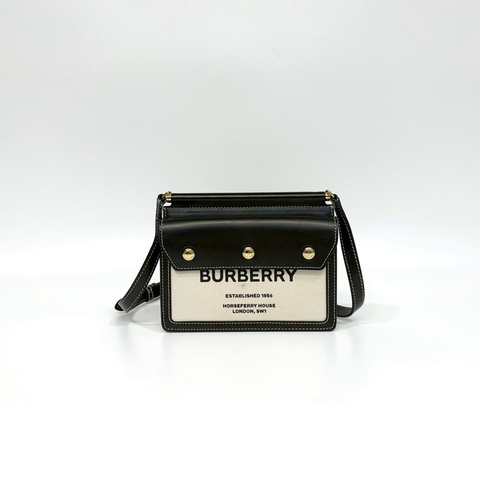 BURBERRY黑牛皮拼帆布MINI Horseferry Title側背包