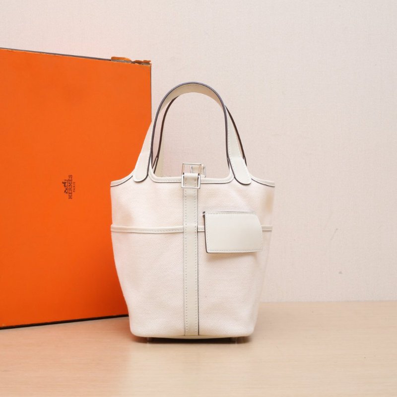 HERMES Picotin菜籃子18CargoI2奶油白Swift皮/帆布U刻銀扣肩背包-0