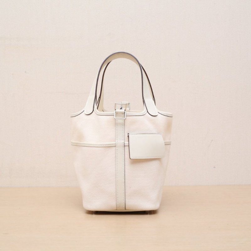 HERMES Picotin菜籃子18CargoI2奶油白Swift皮/帆布U刻銀扣肩背包-1