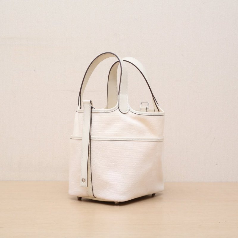 HERMES Picotin菜籃子18CargoI2奶油白Swift皮/帆布U刻銀扣肩背包-4
