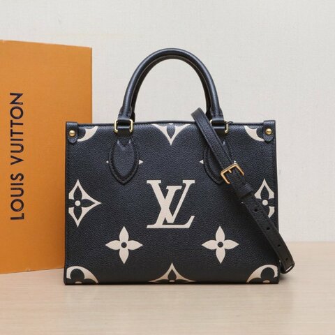 LOUIS VUITTON Onthego小號25黑白牛皮金扣晶片老花壓紋肩背包