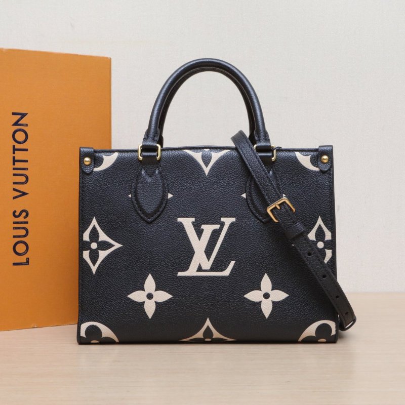 LOUIS VUITTON Onthego小號25黑白牛皮金扣晶片老花壓紋肩背包-0