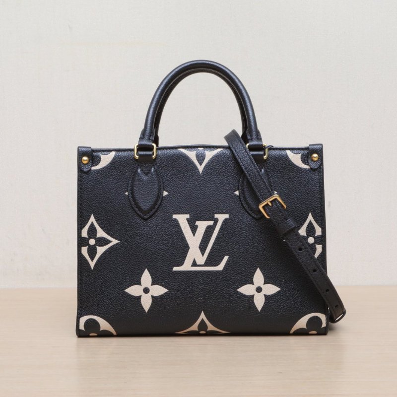 LOUIS VUITTON Onthego小號25黑白牛皮金扣晶片老花壓紋肩背包-3