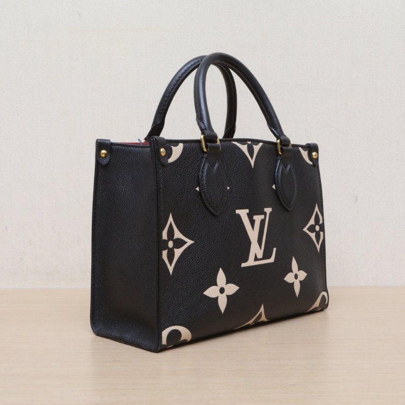 LOUIS VUITTON Onthego小號25黑白牛皮金扣晶片老花壓紋肩背包-5