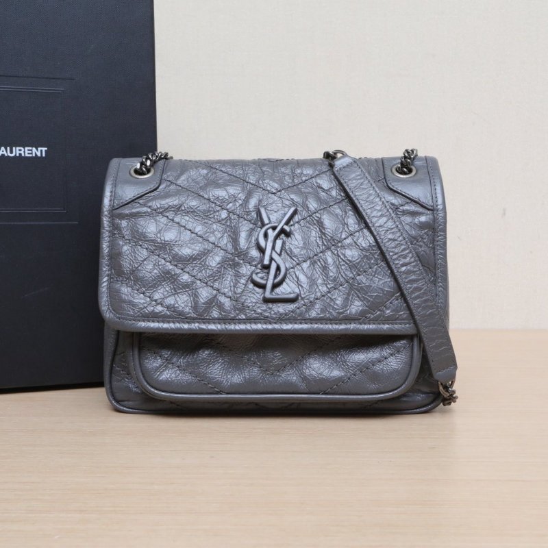 SAINT LAURENT NikiMini21灰色牛皮灰扣肩背包-0