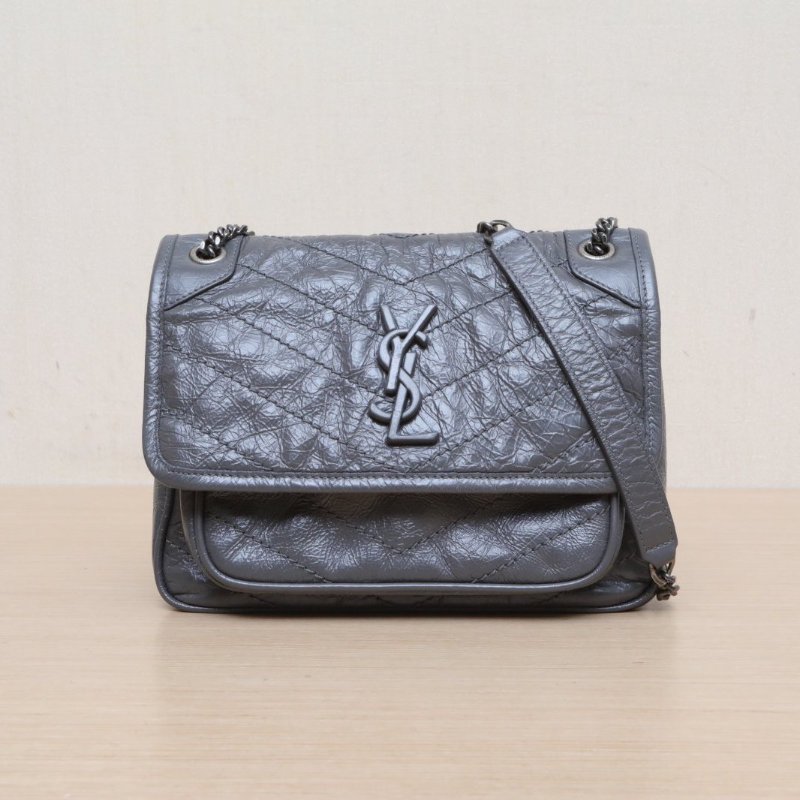 SAINT LAURENT NikiMini21灰色牛皮灰扣肩背包-1