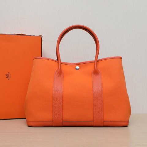 HERMES GardenParty花園包3693愛馬仕橙NEGONA皮/帆布T刻銀扣肩背包