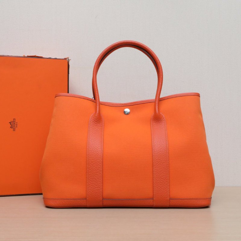 HERMES GardenParty花園包3693愛馬仕橙NEGONA皮/帆布T刻銀扣肩背包-2