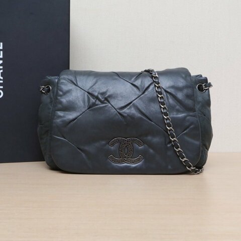 CHANEL 墨綠色科技布14開銀扣CF單蓋季節款南瓜包鏈條包30肩背包