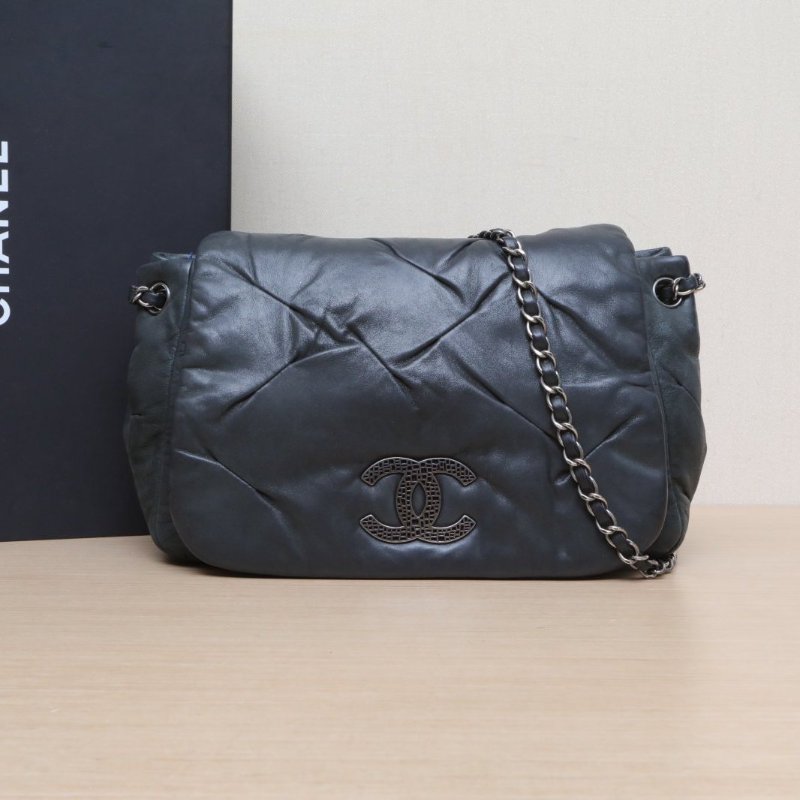 CHANEL 墨綠色科技布14開銀扣CF單蓋季節款南瓜包鏈條包30肩背包-0