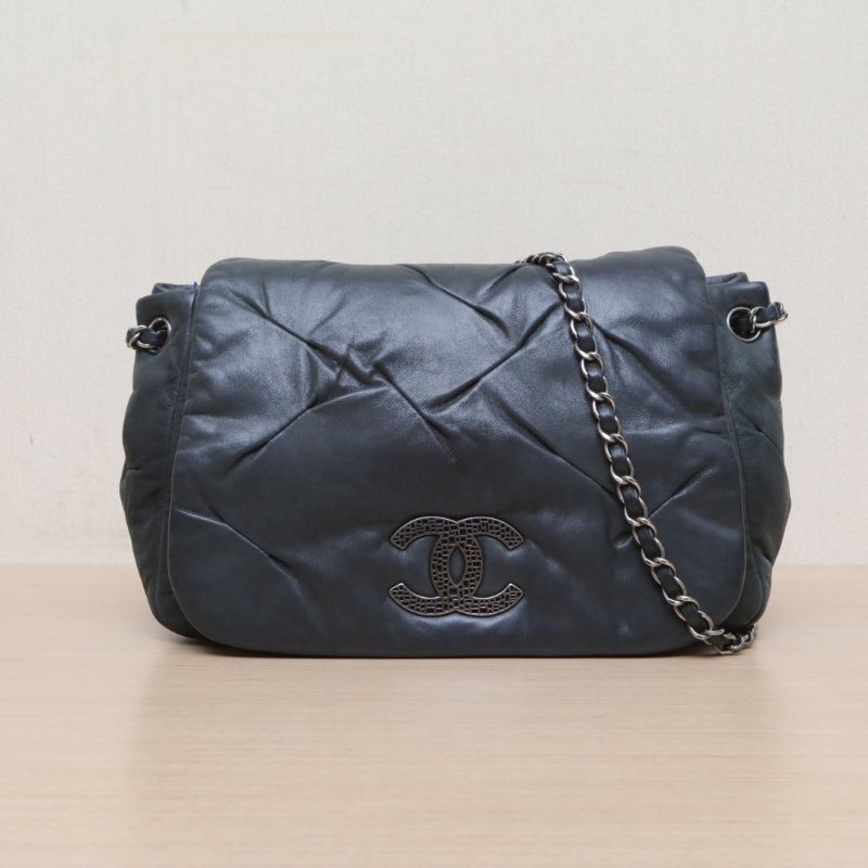 CHANEL 墨綠色科技布14開銀扣CF單蓋季節款南瓜包鏈條包30肩背包-1