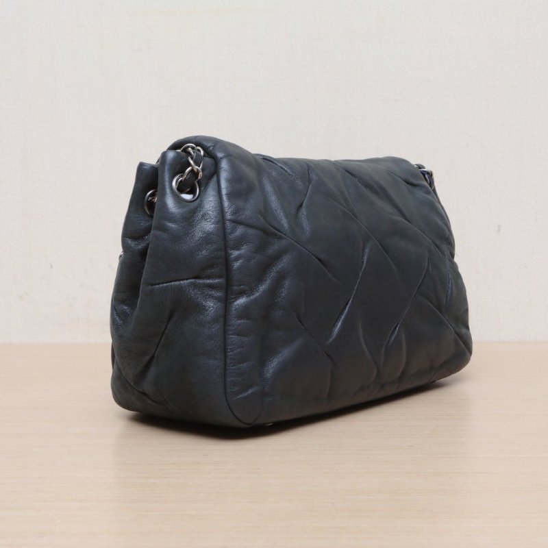 CHANEL 墨綠色科技布14開銀扣CF單蓋季節款南瓜包鏈條包30肩背包-4