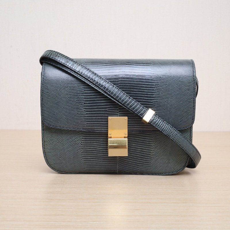 CELINE ClassicBox中號綠色蜥蜴皮金扣肩背包-1