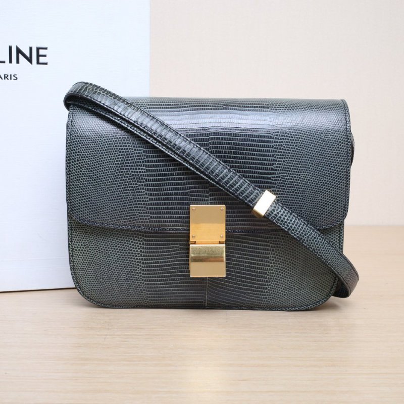 CELINE ClassicBox中號綠色蜥蜴皮金扣肩背包-2