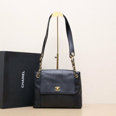 CHANEL 中古書包扣奶粉包黑色荔枝牛皮4開金扣肩背包