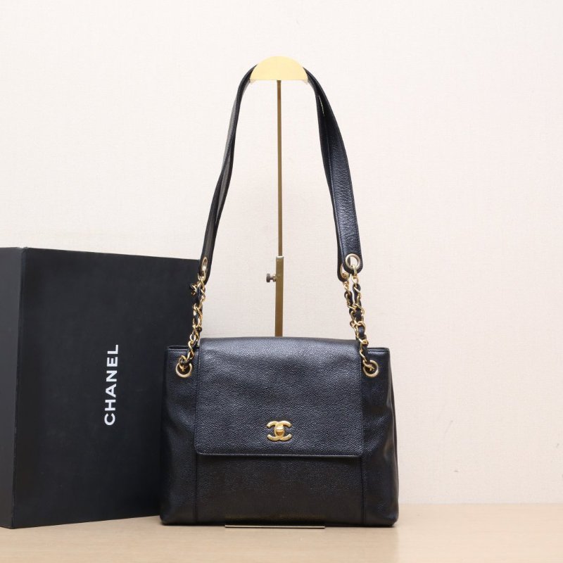 CHANEL 中古書包扣奶粉包黑色荔枝牛皮4開金扣肩背包-0