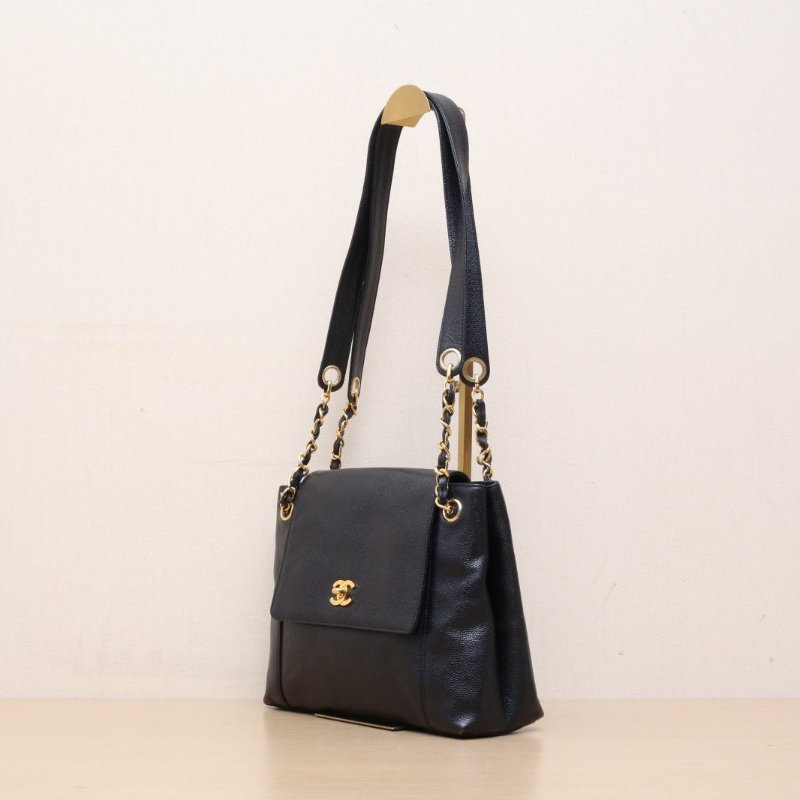 CHANEL 中古書包扣奶粉包黑色荔枝牛皮4開金扣肩背包-3