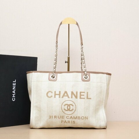 CHANEL 沙灘包購物包中號米駝色草編29開金扣肩背包