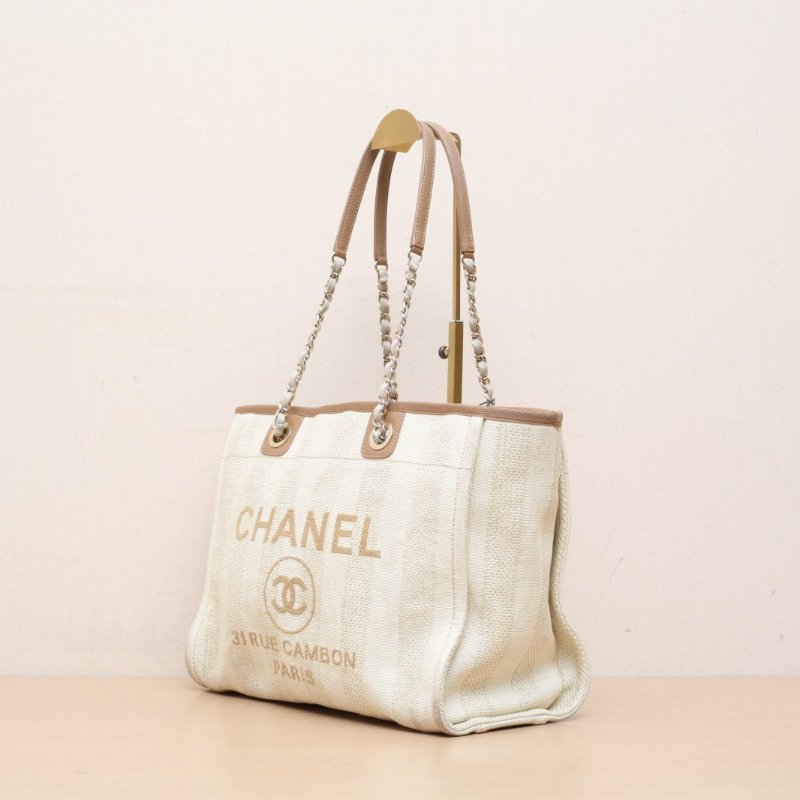 CHANEL 沙灘包購物包中號米駝色草編29開金扣肩背包-3