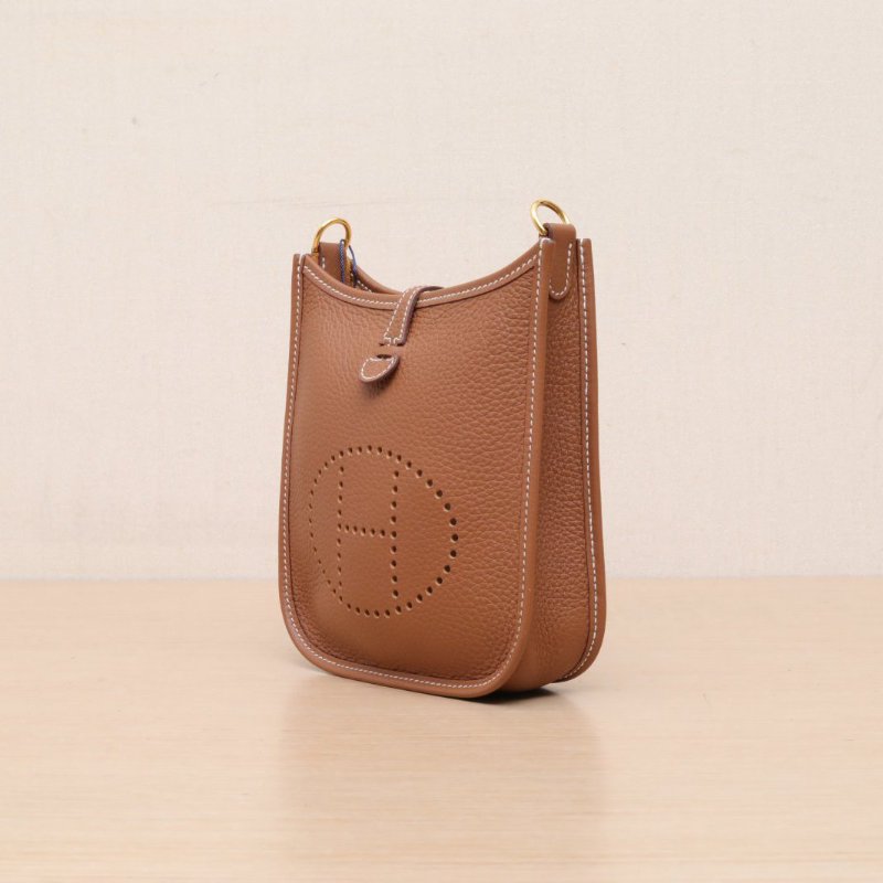 HERMES EvelyneMini1637金棕色TC皮W刻金扣肩背包-3