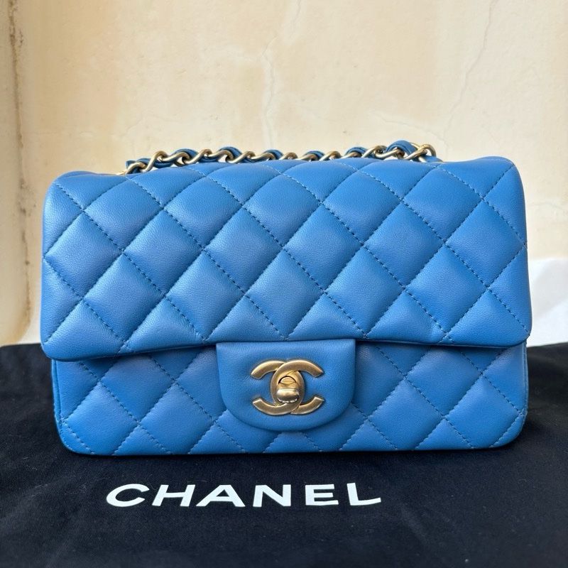 CHANEL CF20小羊皮淡金釦、藍色miniCOCO鏈條包-0