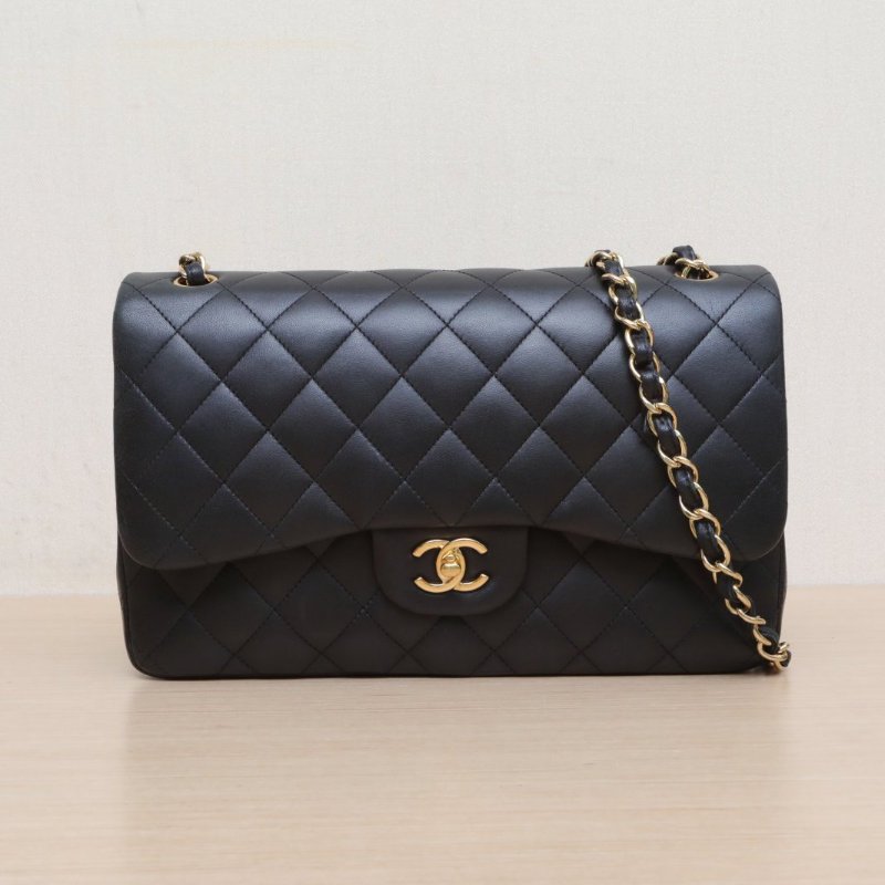 CHANEL CF口蓋包JUMBO30黑色羊皮15開金扣肩背包-1