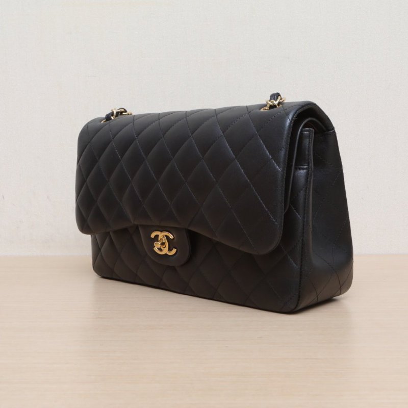 CHANEL CF口蓋包JUMBO30黑色羊皮15開金扣肩背包-3