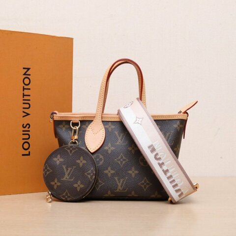 LOUIS VUITTON NeverfullBB24配子袋可拆卸米棕寬肩帶老花PVC金扣晶片肩背包