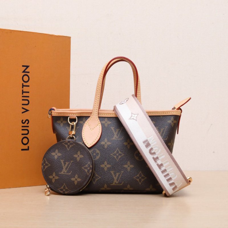LOUIS VUITTON NeverfullBB24配子袋可拆卸米棕寬肩帶老花PVC金扣晶片肩背包-0