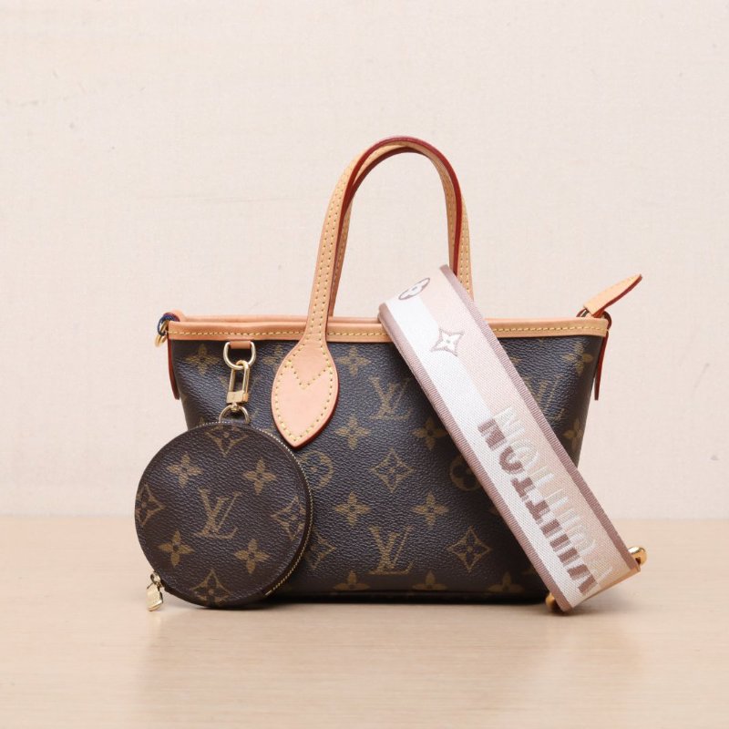LOUIS VUITTON NeverfullBB24配子袋可拆卸米棕寬肩帶老花PVC金扣晶片肩背包-1