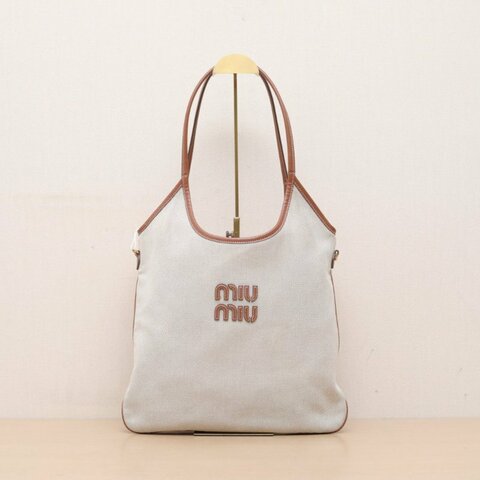 MIU MIU IVYTote托特包35拼米色牛皮/帆布金扣35牛皮拼帆布肩背包