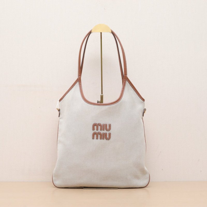 MIU MIU IVYTote托特包35拼米色牛皮/帆布金扣35牛皮拼帆布肩背包-1