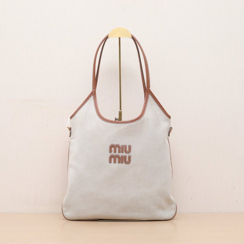 MIU MIU IVYTote托特包35拼米色牛皮/帆布金扣35牛皮拼帆布肩背包-2