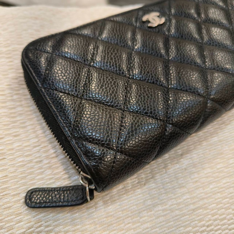 #9新閒置 #荔枝皮 香奈兒黑銀拉鍊長夾荔枝牛皮-1