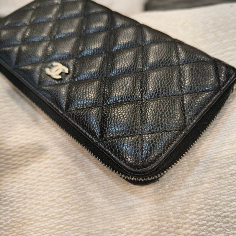 #9新閒置 #荔枝皮 香奈兒黑銀拉鍊長夾荔枝牛皮-3