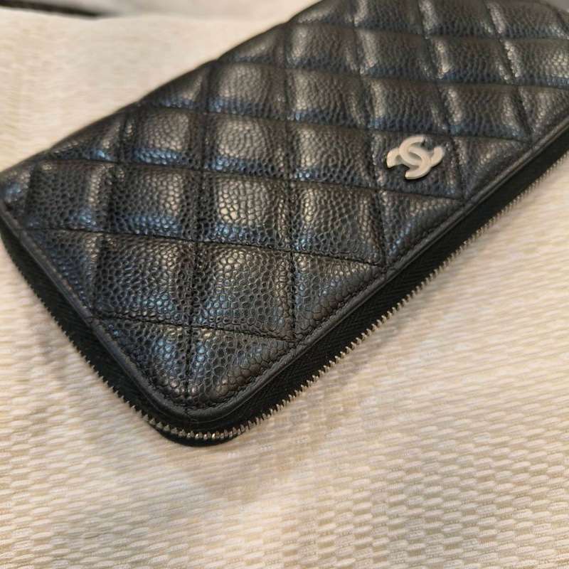 #9新閒置 #荔枝皮 香奈兒黑銀拉鍊長夾荔枝牛皮-4