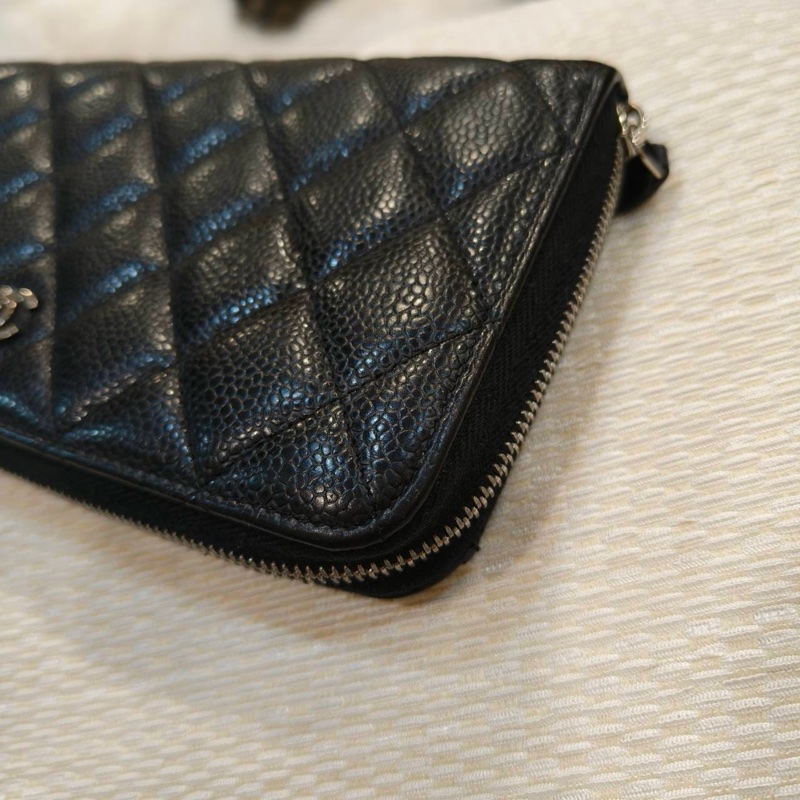 #9新閒置 #荔枝皮 香奈兒黑銀拉鍊長夾荔枝牛皮-8