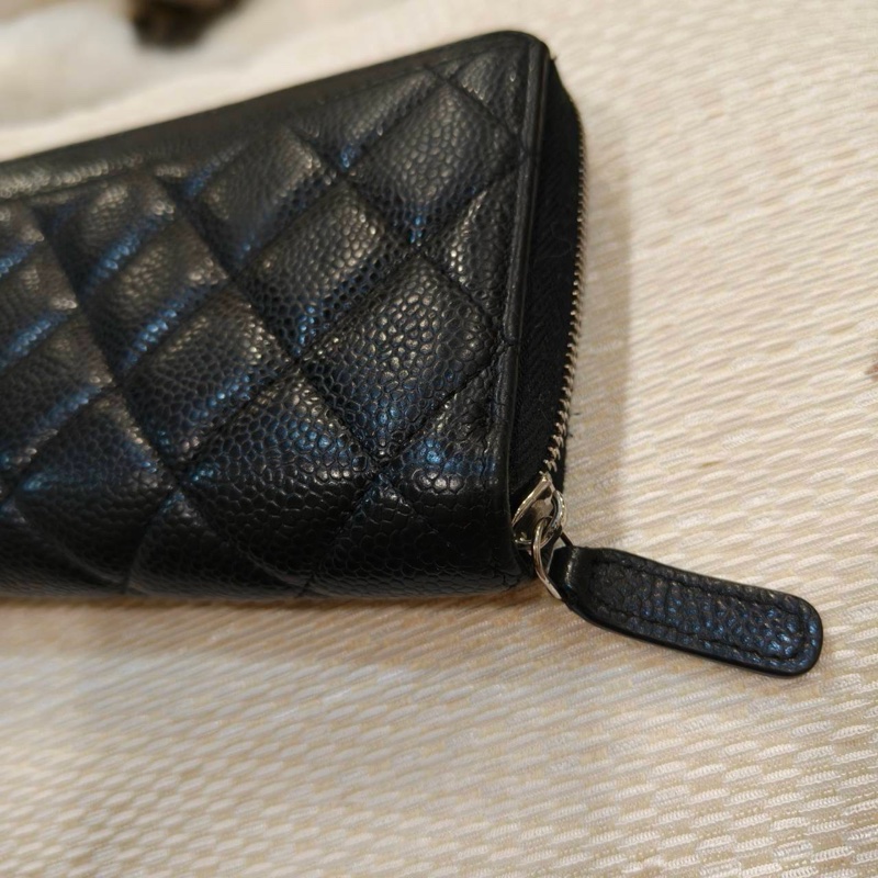 #9新閒置 #荔枝皮 香奈兒黑銀拉鍊長夾荔枝牛皮-9