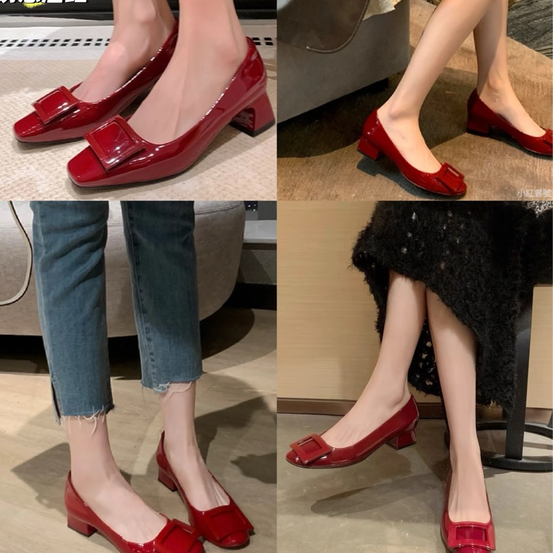 Roger vivier 漆皮方釦紅色低跟鞋-12