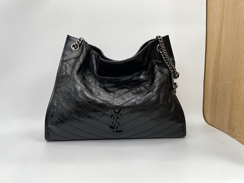 Ysl 黑油蠟牛皮黑字母logo霧銀扣Niki大號肩背包-0