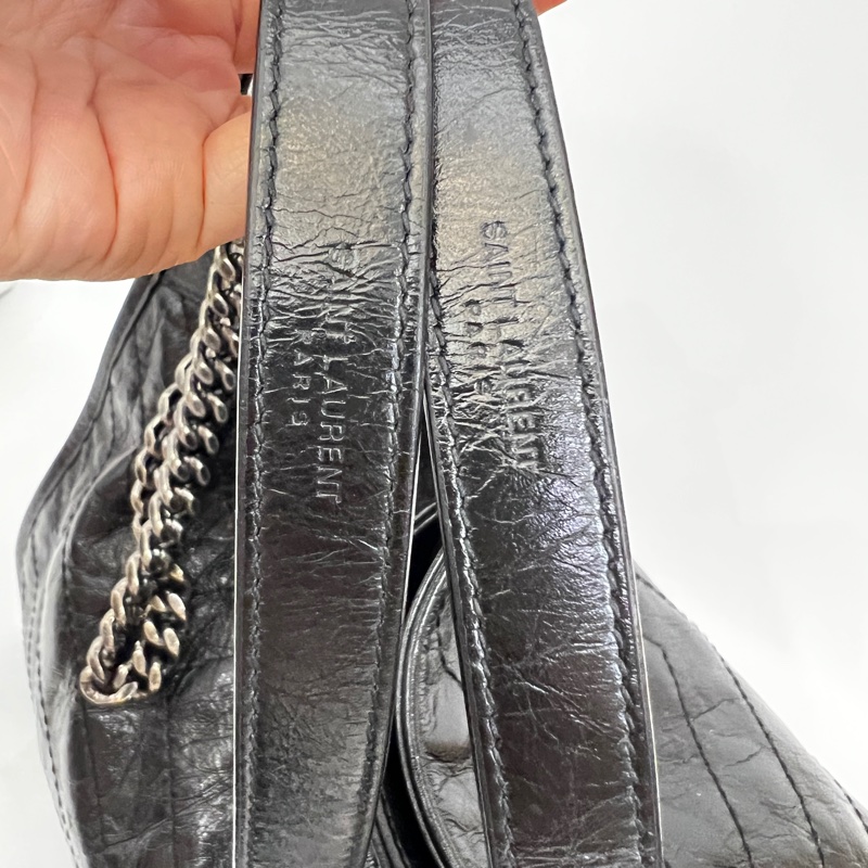 Ysl 黑油蠟牛皮黑字母logo霧銀扣Niki大號肩背包-9