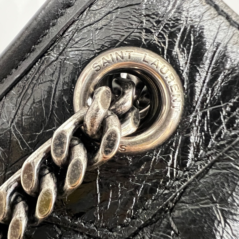 Ysl 黑油蠟牛皮黑字母logo霧銀扣Niki大號肩背包-15