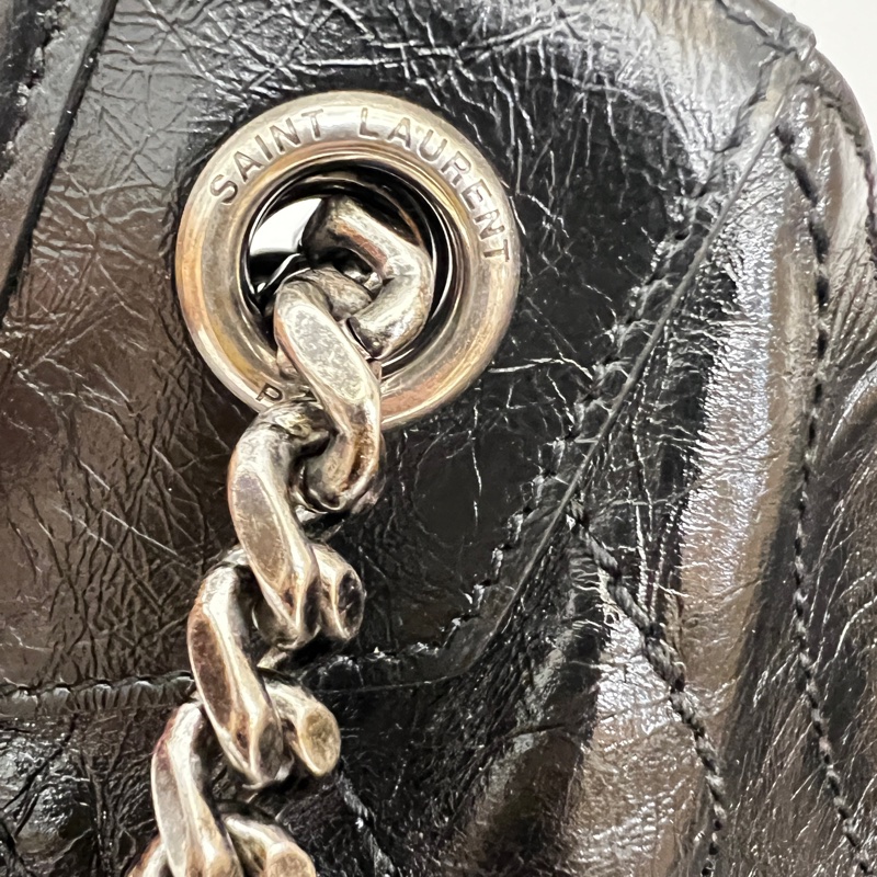 Ysl 黑油蠟牛皮黑字母logo霧銀扣Niki大號肩背包-18