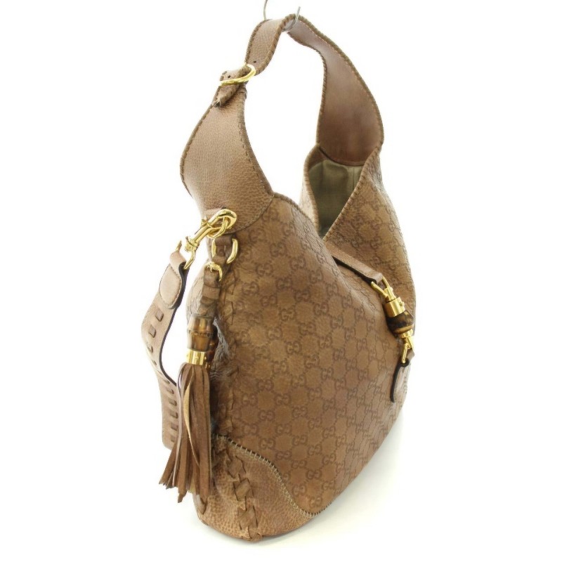 GUCCI 茶色 GG LOGO皮革壓紋竹節大款賈姬包 (guccissima new jackie 218491)-3