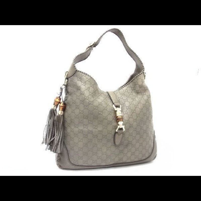 GUCCI 灰色 GG LOGO皮革壓紋竹節大款賈姬包 (guccissima new jackie 218491)-0