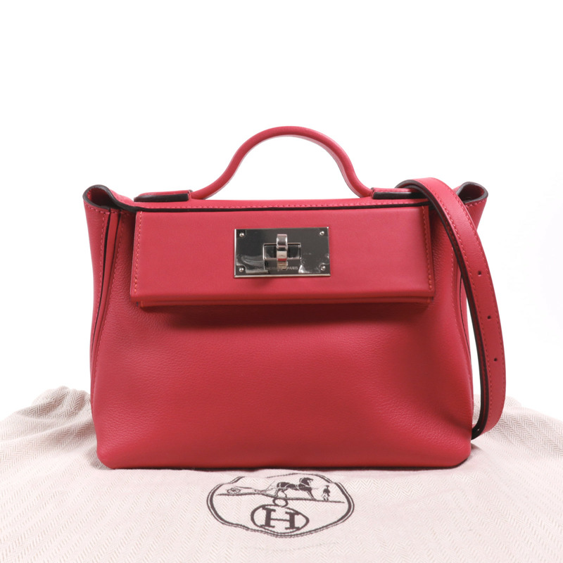 HERMES Evercolor皮革24/24 Mini銀扣手挽肩背兩用袋Framboise-9