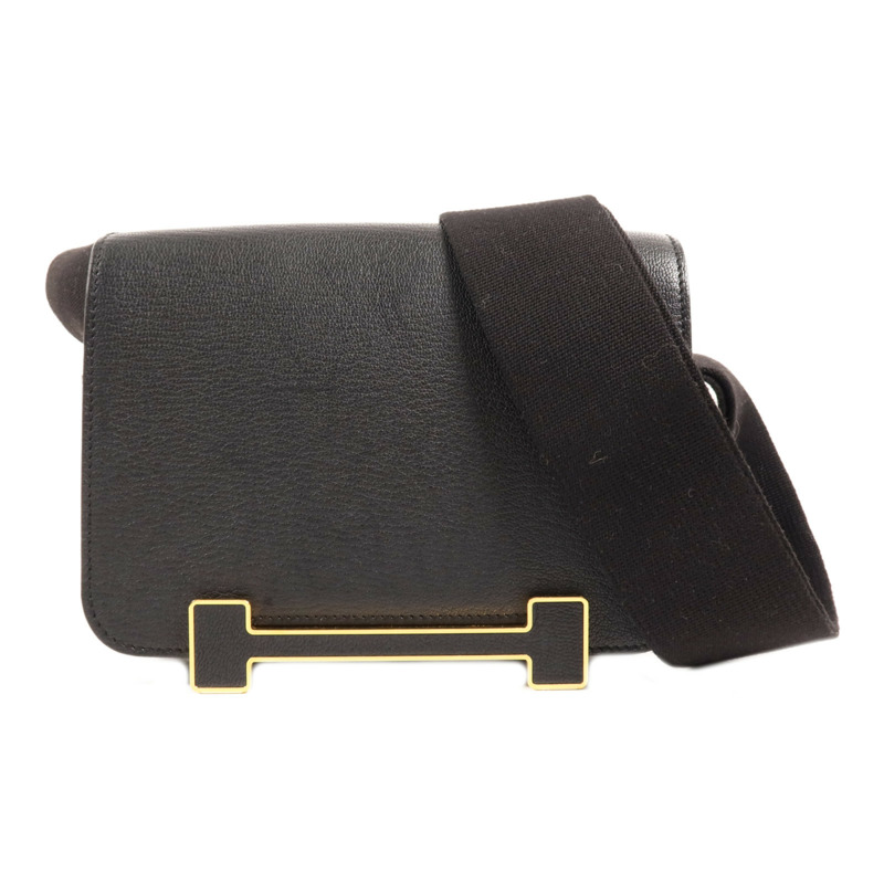 HERMES Chevre皮革Geta金扣肩背袋Noir-0