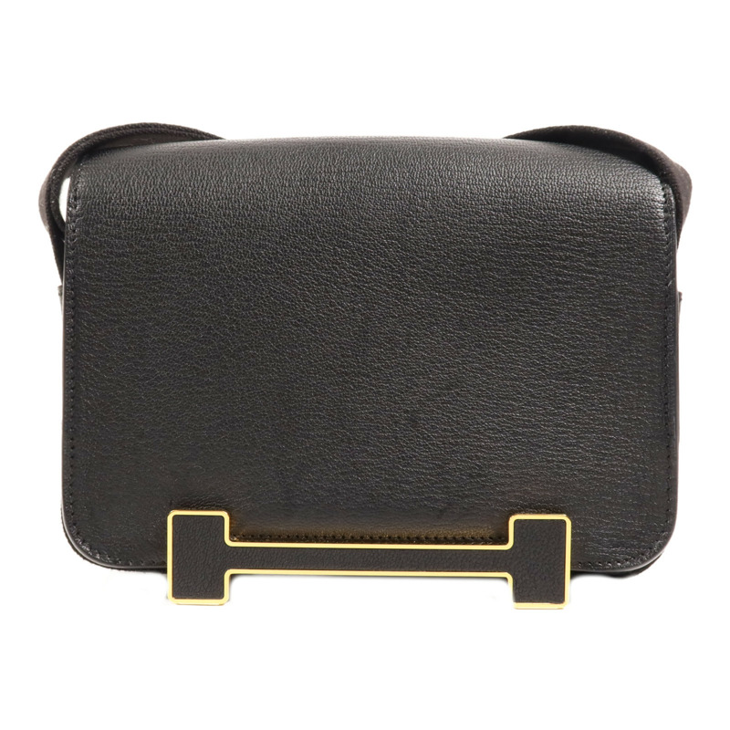 HERMES Chevre皮革Geta金扣肩背袋Noir-1