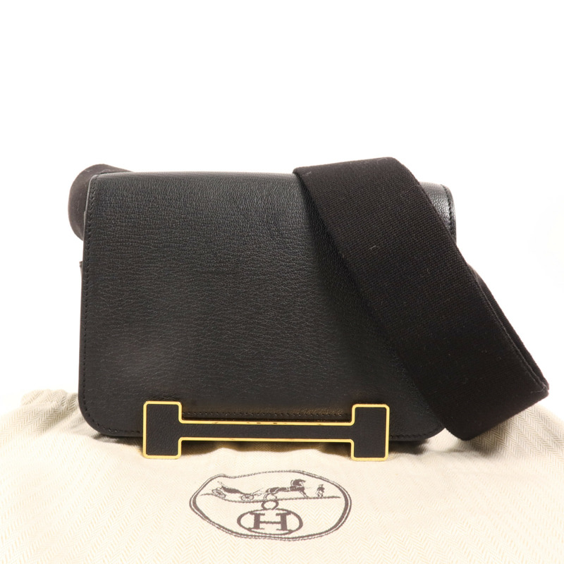 HERMES Chevre皮革Geta金扣肩背袋Noir-9